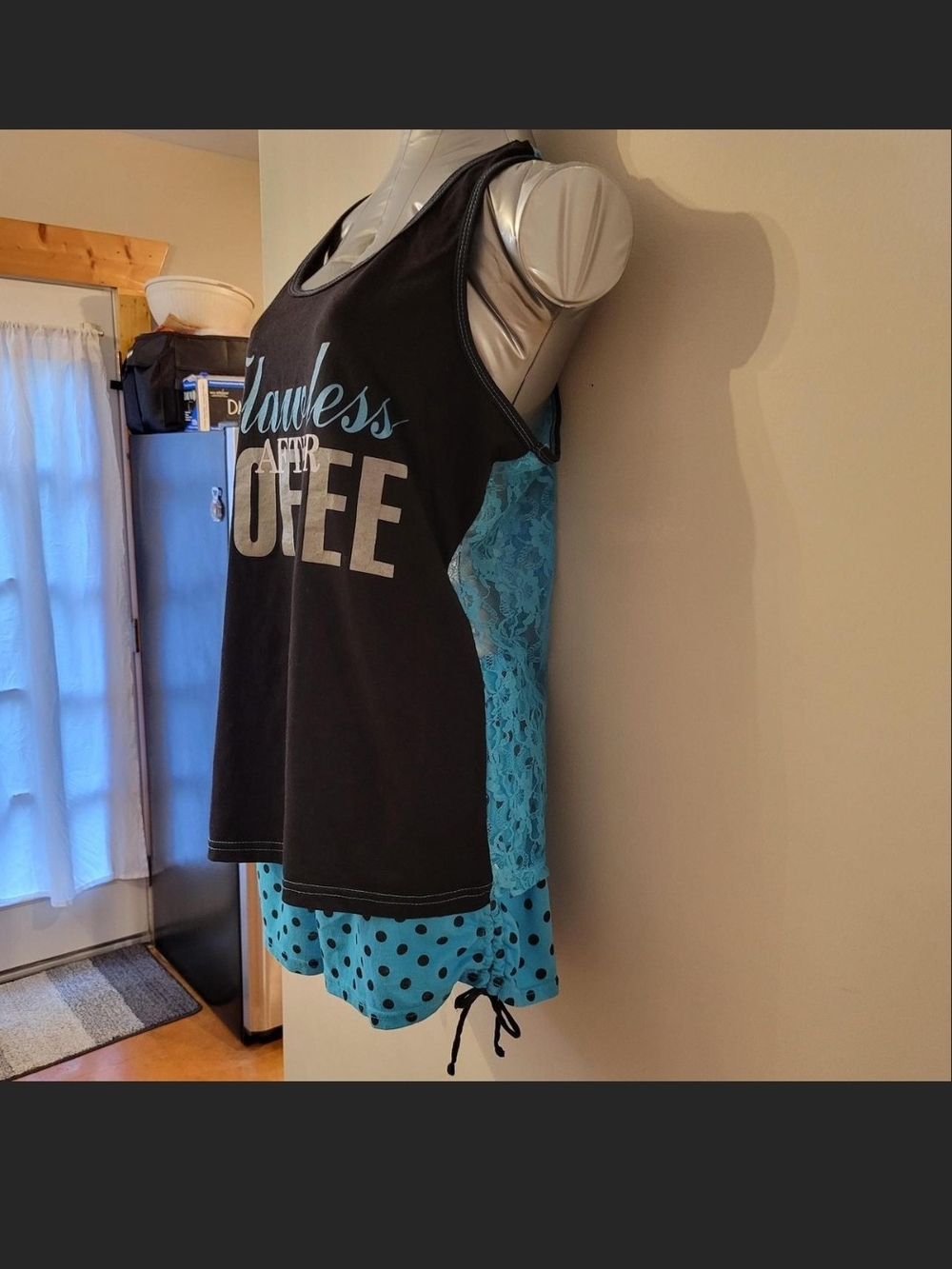 Bobbie Brooks Black Tank with Turquoise Lace and Polka-Dot Shorts